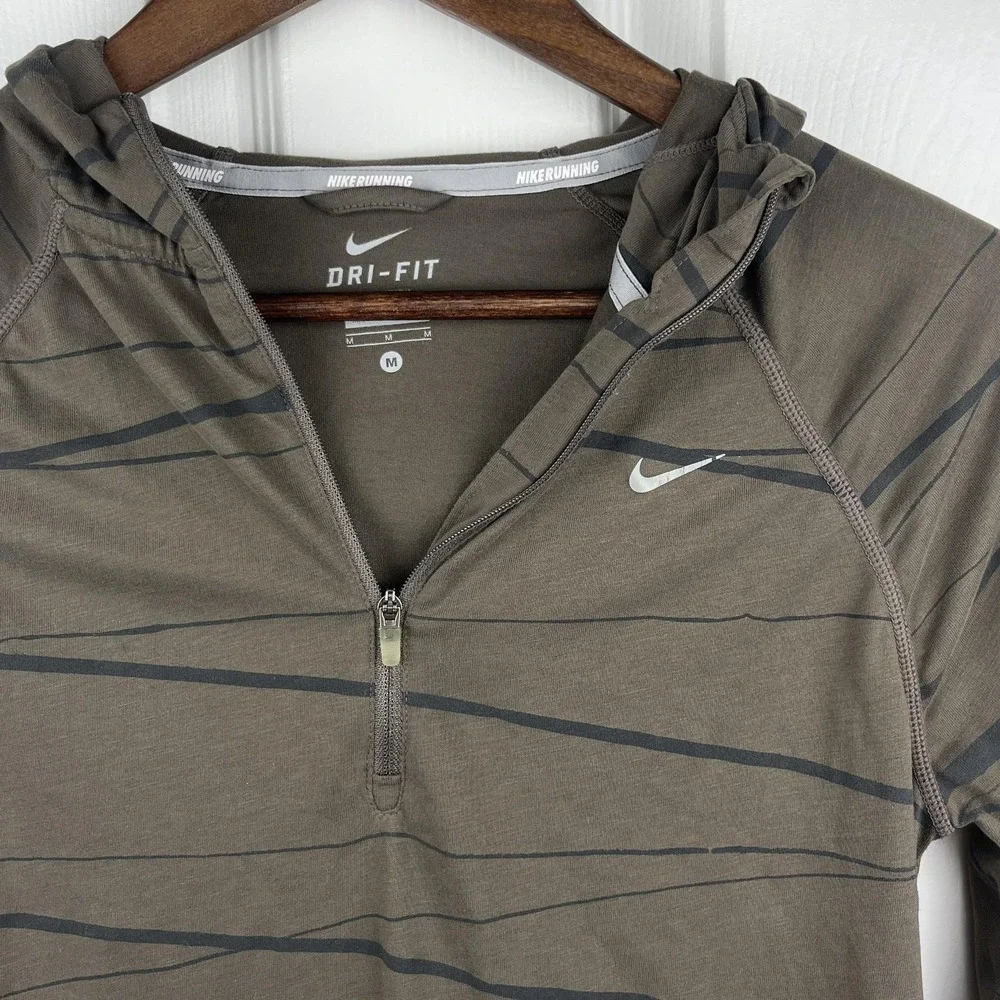 Nike Running Shirt Womens Medium Hooded 1/4‎ Zip Brown Stripe Dri-FIT 3/4 Sleeve